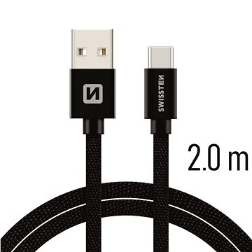 Swissten textilný dátový kábel USB-C 2 m čierny - Dátový kábel