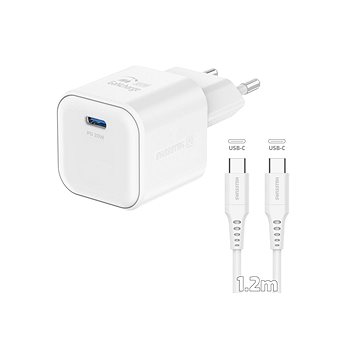 Swissten sieťový adaptér GaN 1× USB-C 20 W Power Delivery + dátový kábel USB-C/USB-C 1,2 m biely