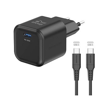 Swissten sieťový adaptér GaN 1× USB-C 20 W Power Delivery + dátový kábel USB-C/USB-C 1,2 m čierny