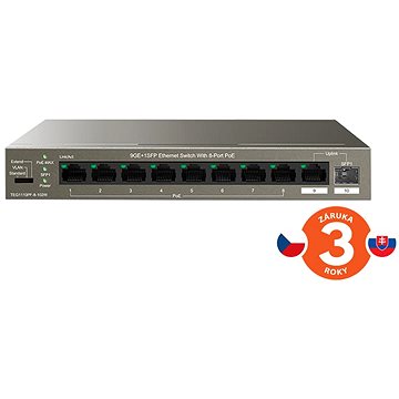 Tenda TEG1110PF-8-102W 9xRJ45 1xSFP Gigabit Switch 8xPoE 802.3af / at, 10 / 100 / 1 000 Mbps, VLAN, SFP, Fanless