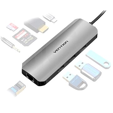 Vention Type-C (USB-C) to HDMI/3× USB3.0/RJ45/SD/TF/3,5 mm/PD 0,15 m Gray Aluminum Alloy T