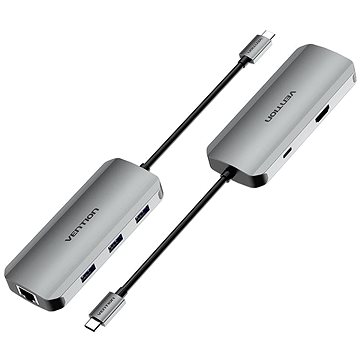 Vention USB-C to HDMI/USB 3.0 × 3/RJ45/PD Docking Station 0,15 m Gray Aluminum