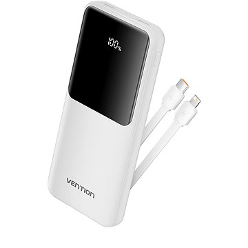 Vention 10 000 mAh Power Bank with Integrated USB-C and Lightning Cables 22.5 W White LED Display Ty