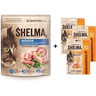 Shelma Indoor bezobilné granuly morčacie 750 g + Shelma bezobilné mäsové tyčinky hydinové 3× 15 g