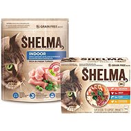 Shelma Indoor bezobilné granuly morčacie 750 g + Shelma bezobilné dusené filetky výber z mäsa a rýb 12× 85 g