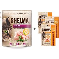 Shelma Adult bezobilné granule kuracie 750 g + Shelma bezobilné dusené filetky 4 druhy mäsa 12 × 85 g