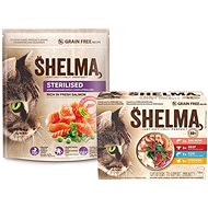 Shelma Sterile bezobilné granuly lososové 750 g + Shelma bezobilné dusené filetky výber z mäsa a rýb 12× 85 g