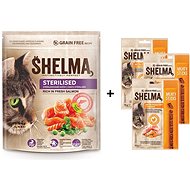 Shelma Sterile bezobilné granuly lososové 750 g + Shelma bezobilné mäsové tyčinky hydinové 3× 15 g