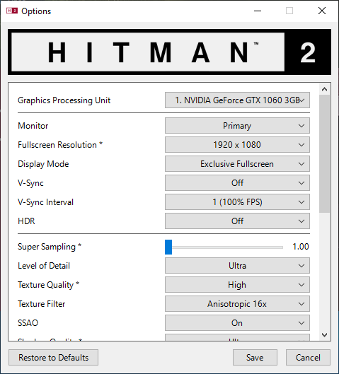 Hitman 2 nastavenie testu 1