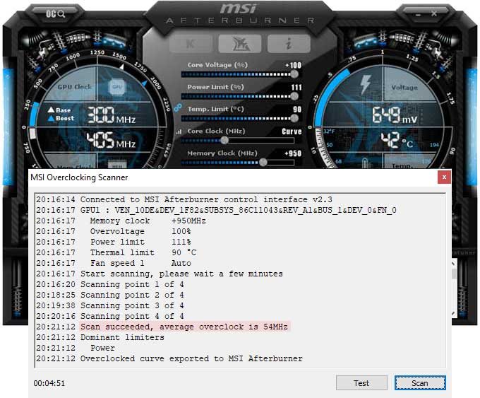 Pretaktované Asus Strix GTX 1650 O4G Gaming; Afterburner
