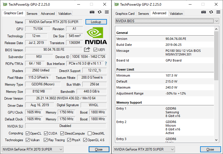 MSI RTX 2070 SUPER Gaming X TRIO GPUZ