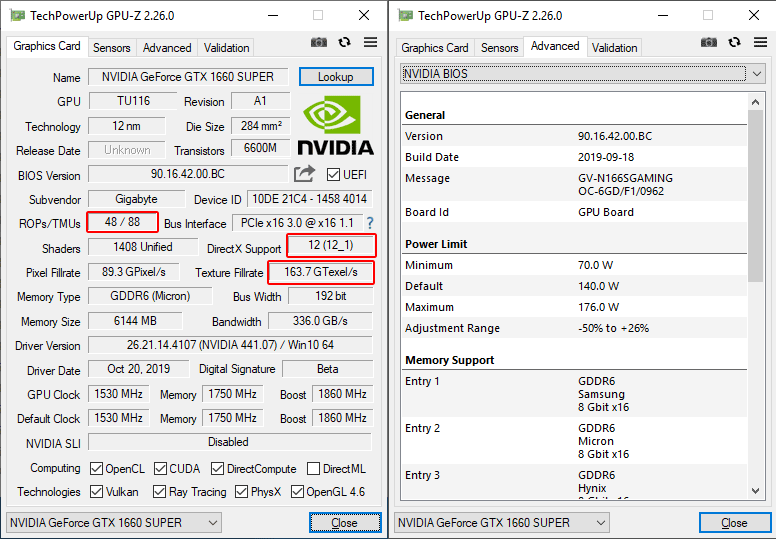 Gigabyte GTX 1660 SUPER Gaming OC GPUZ