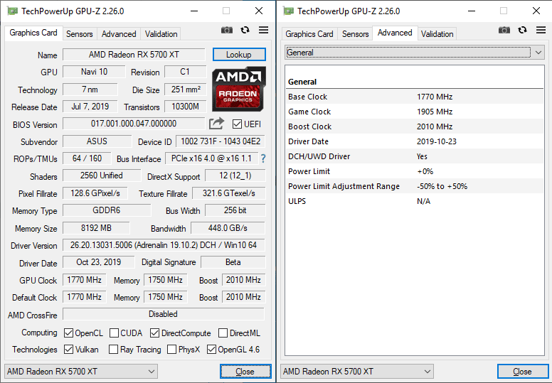 Asus STRIX RX 5700 XT O8G Gaming GPUZ; P-mode