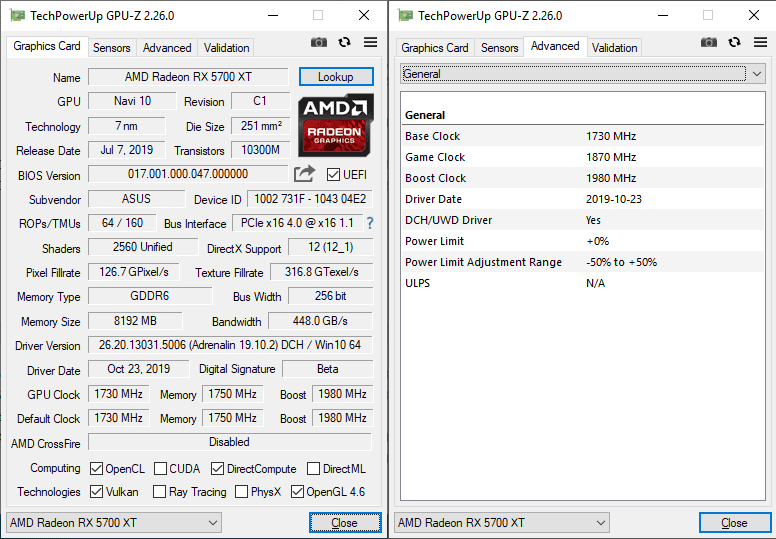 Asus STRIX RX 5700 XT O8G Gaming GPUZ; Q-mode