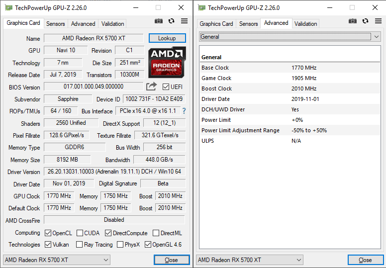 Sapphire Nitro+ RX 5700 XT 8G GPUZ; Performance BIOS