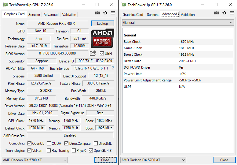 Sapphire Nitro+ RX 5700 XT 8G GPUZ; Silent BIOS