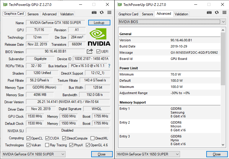 Gigabyte GTX 1650 SUPER Windforce OC GPUZ