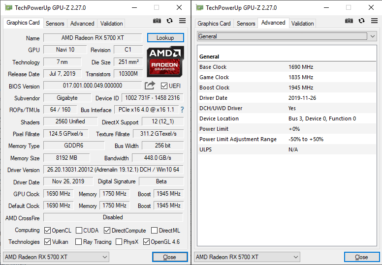 Gigabyte AORUS RX 5700 XT 8G GPUZ; Silent BIOS