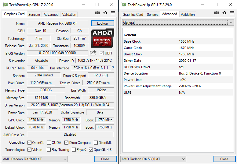 Gigabyte RX 5600 XT Gaming OC 6G  GPUZ