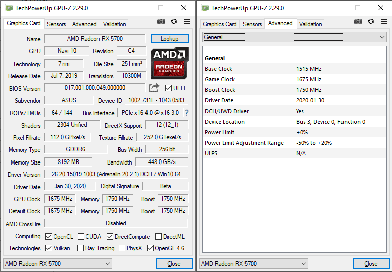Asus DUAL RX 5700 O8G EVO GPUZ; Q-mode