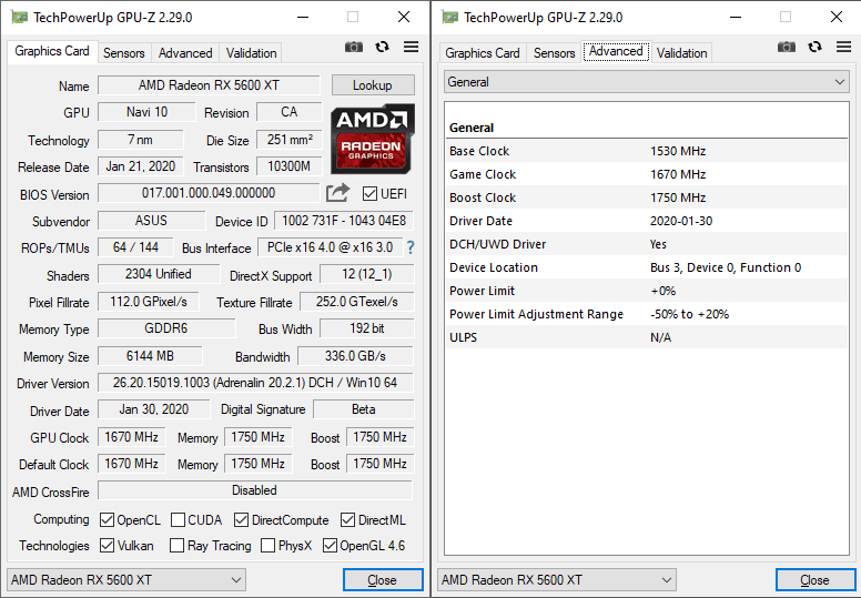 Asus STRIX RX 5600 XT T6G Gaming GPUZ; P-mode