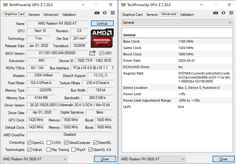 MSI RX 5600 XT MECH OC 6G GPUZ; Q-mode