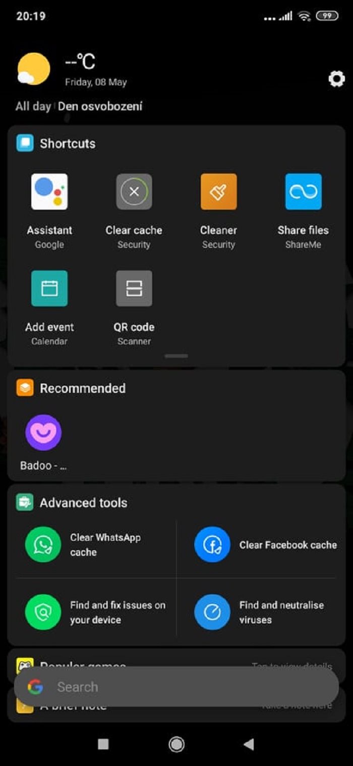 Xiaomi MIUI – Lišta rýchleho vyhľadávania