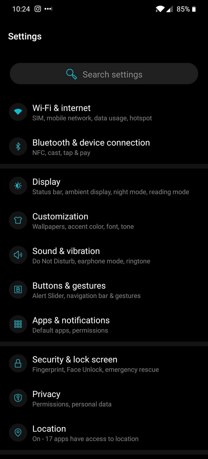 OxygenOS – základné menu nastavenia