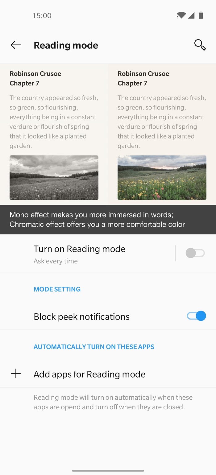 OxygenOS – režim čítania