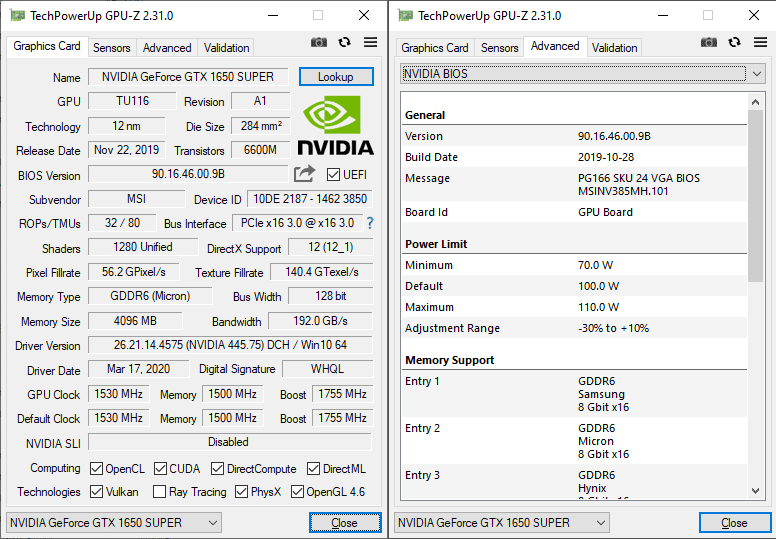 MSI GTX 1650 SUPER Gaming X GPUZ