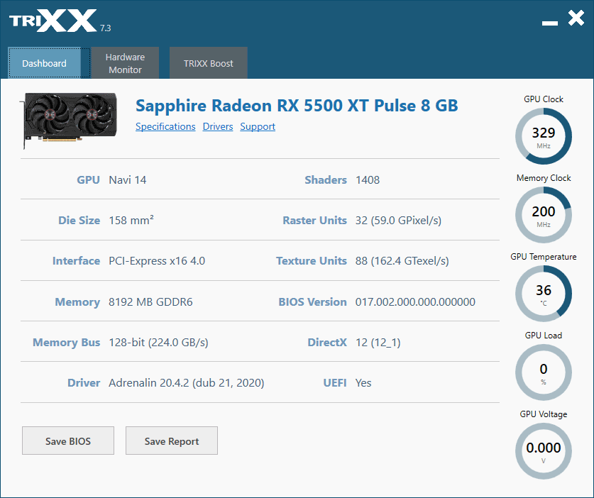 Sapphire PULSE RX 5500 XT 8G; TriXX – Dashboard