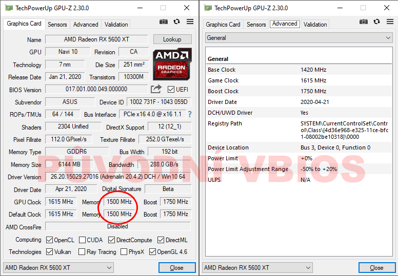 Asus TUF 3 RX 5600 XT O6G EVO Gaming GPUZ; Pôvodný vBIOS