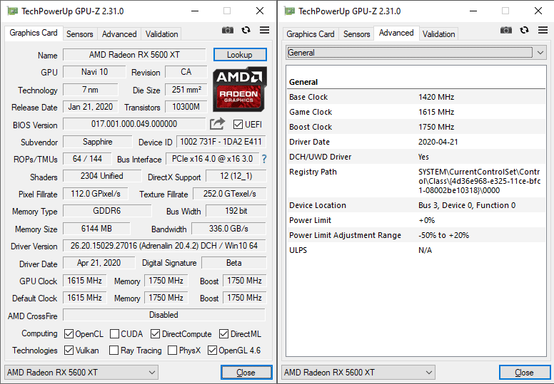 Sapphire PULSE RX 5600 XT 6G GPUZ; P-mode