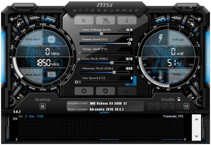 Pretaktovanie Sapphire PULSE RX 5600 XT 6G; Afterburner