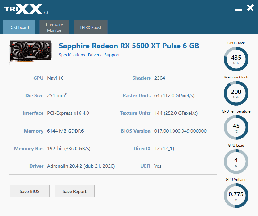 Sapphire PULSE RX 5600 XT 6G; TriXX – Dashboard