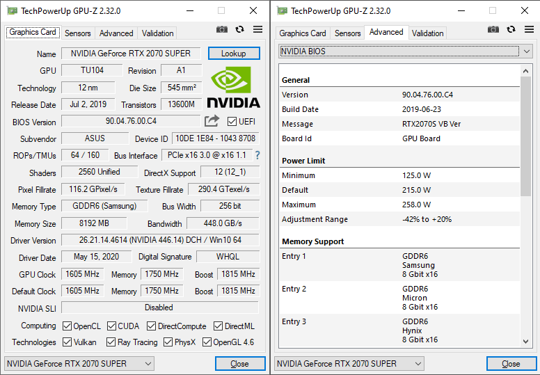 Asus DUAL RTX 2070 SUPER O8G EVO GPUZ