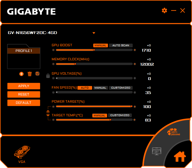 Gigabyte GTX 1650 D6 Windforce OC 4G Graphics Engine Professional mode