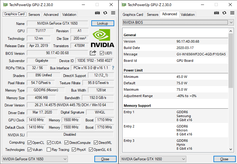 Gigabyte GTX 1650 D6 Windforce OC 4G GPUZ