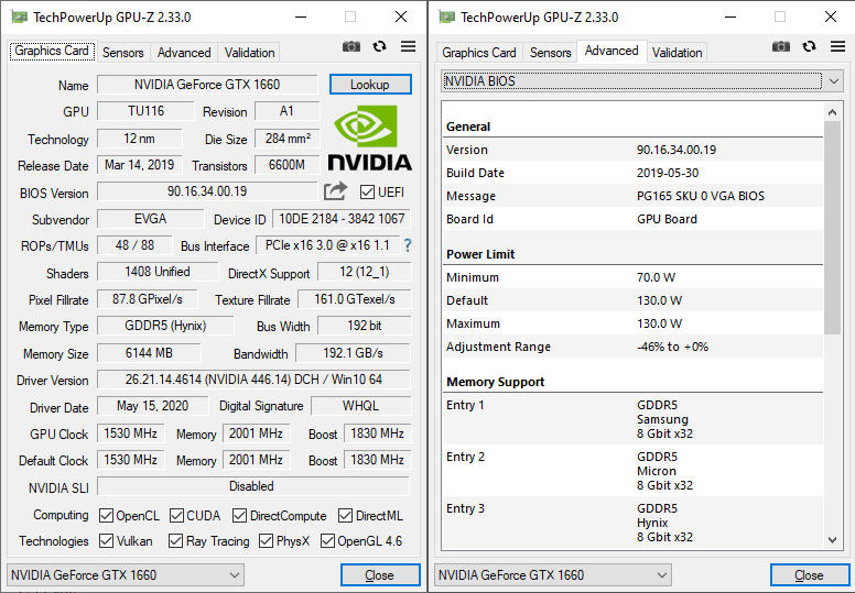 EVGA GTX 1660 SC ULTRA Gaming 6G GPUZ