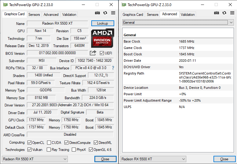 MSI RX 5500 XT GAMING X 8G GPUZ; Q-mode