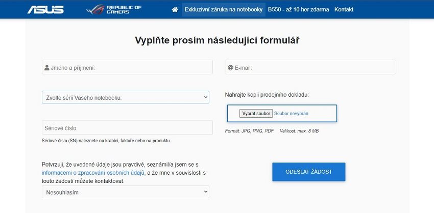 ROG záruka proti náhodnému poškodeniu – formulár