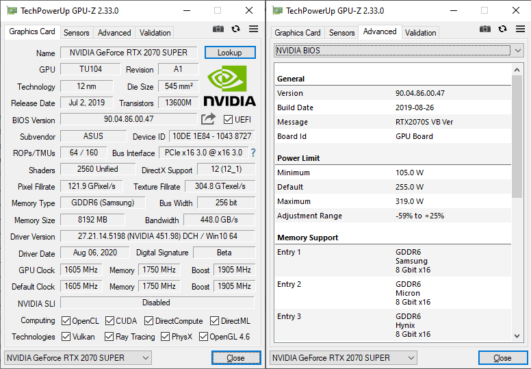 Asus STRIX RTX 2070 SUPER O8G Gaming GPUZ; Q-mode