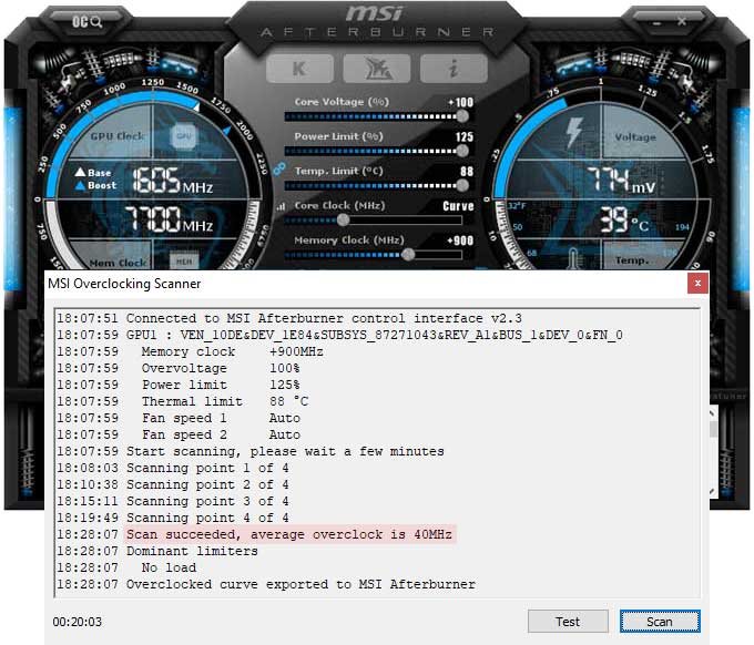 Pretaktovanie Asus STRIX RTX 2070 SUPER O8G Gaming; Afterburner
