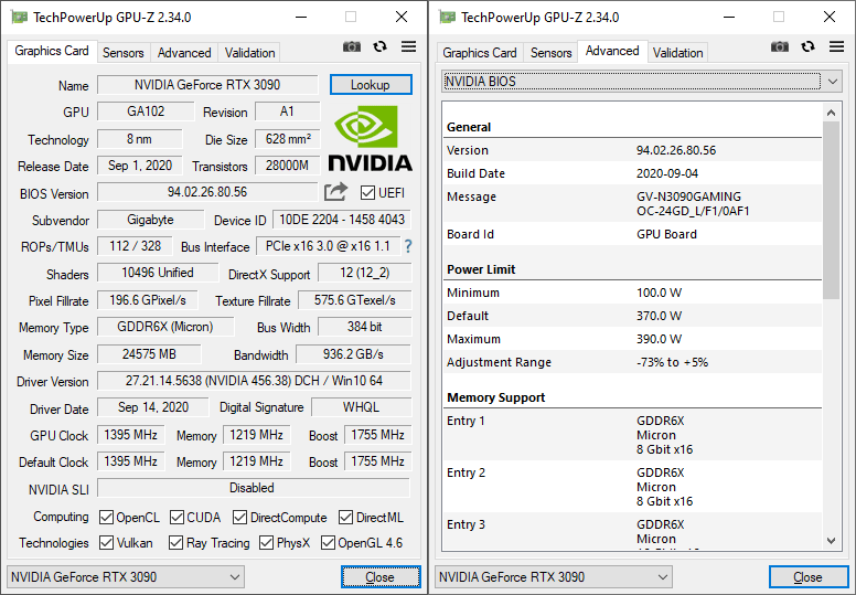 Gigabyte RTX 3090 Gaming OC 24G GPUZ; Q-mode