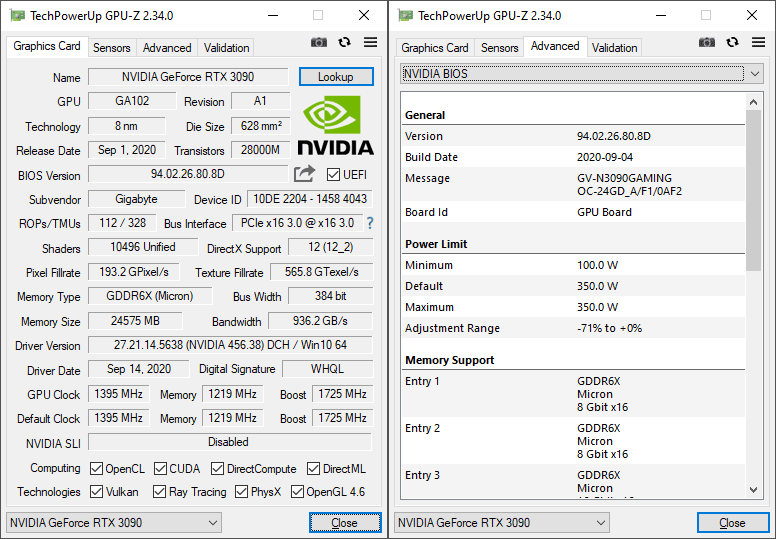 Gigabyte RTX 3090 Gaming OC 24G GPUZ; P-mode