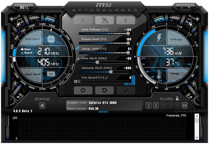 Pretaktovanie Inno3D RTX 3080 iCHILL X3 10G; Afterburner