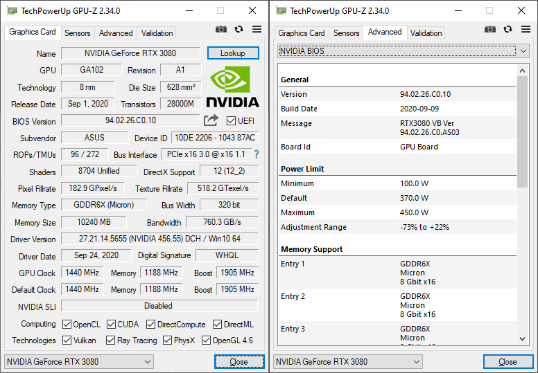 Asus STRIX RTX 3080 O10G Gaming GPUZ; Q-mode