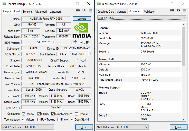 Asus STRIX RTX 3080 O10G Gaming GPUZ; P-mode
