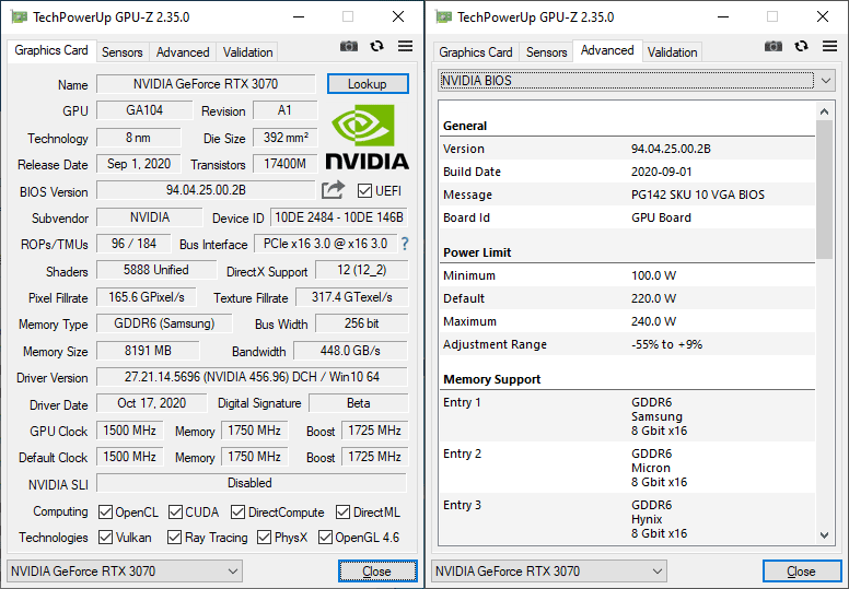 NVIDIA RTX 3070 Founders Edition GPUZ