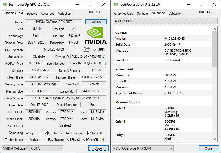 Gigabyte RTX 3070 Gaming OC 8G GPUZ; Q-mode